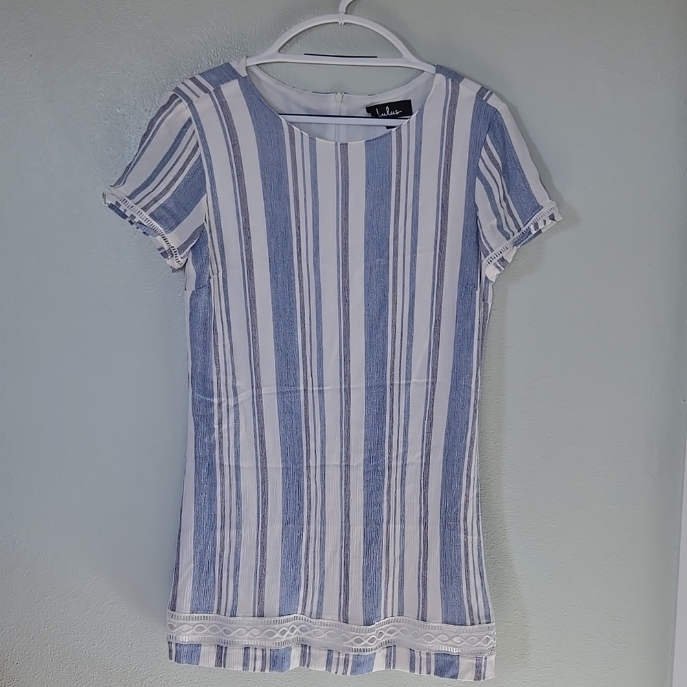 Lulus | Ardell Blue and White Striped Embroidered Shift Dress Size Medium - Picture 4 of 12